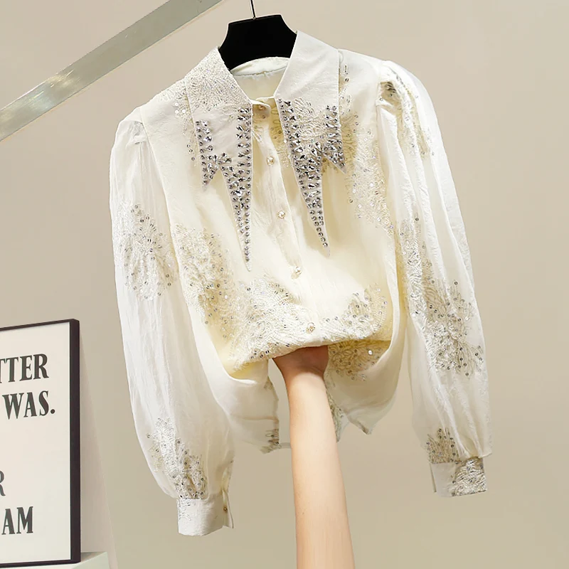 

Модный женский топ с тяжелой вышивкой бисером, осенне-зимняя новинка, свободный крой, стройнящий силуэт, универсальный, с трендовым воротником