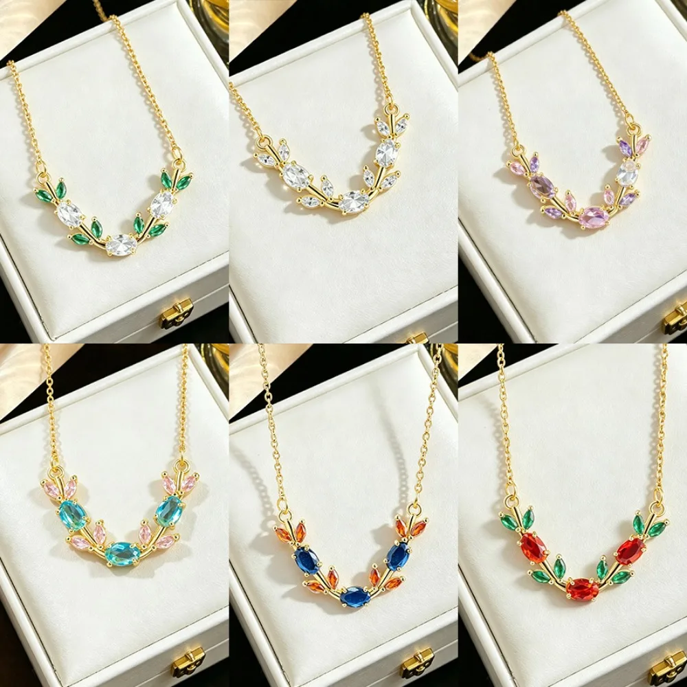 Premium Luxury Gold Color Stainless Steel Leaf Branch Multicolor Zircon Pendant Necklace for Women Bride Banquet Gifts Jewelry