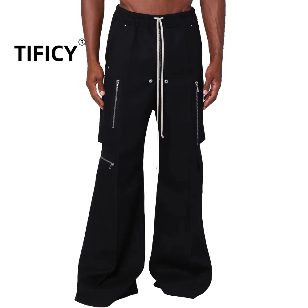 

High Street Dark Ro Style Wide Legs Pants Men's Loose Zipper Multiple Pockets Casual Floor Mopping Flared Long Pants