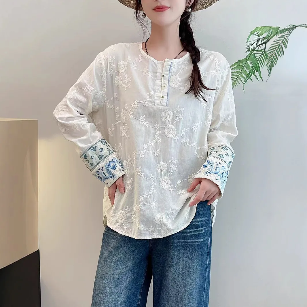 

2025 Spring women's clothing ethnic design 100% cotton embroidery shirts long sleeve blouses for women pullover