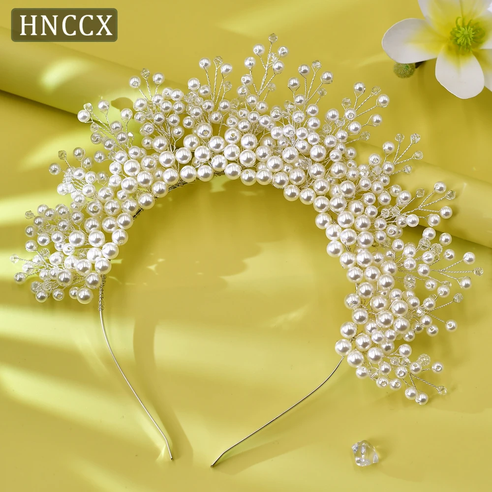 HNCCX Pearl Crown Head Hoop Elegant Girls Bridal Pearls Headband Wedding Beaded Hair Accessories Handmade Headwear CP598