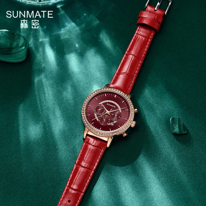 SUNMATE นาฬิกาผู้หญิงหรูหราและสง่างามระดับท็อป กลไกนำเข้า สายหนังแท้ นาฬิกาควอตซ์กันน้ำสำหรับผู้หญิง