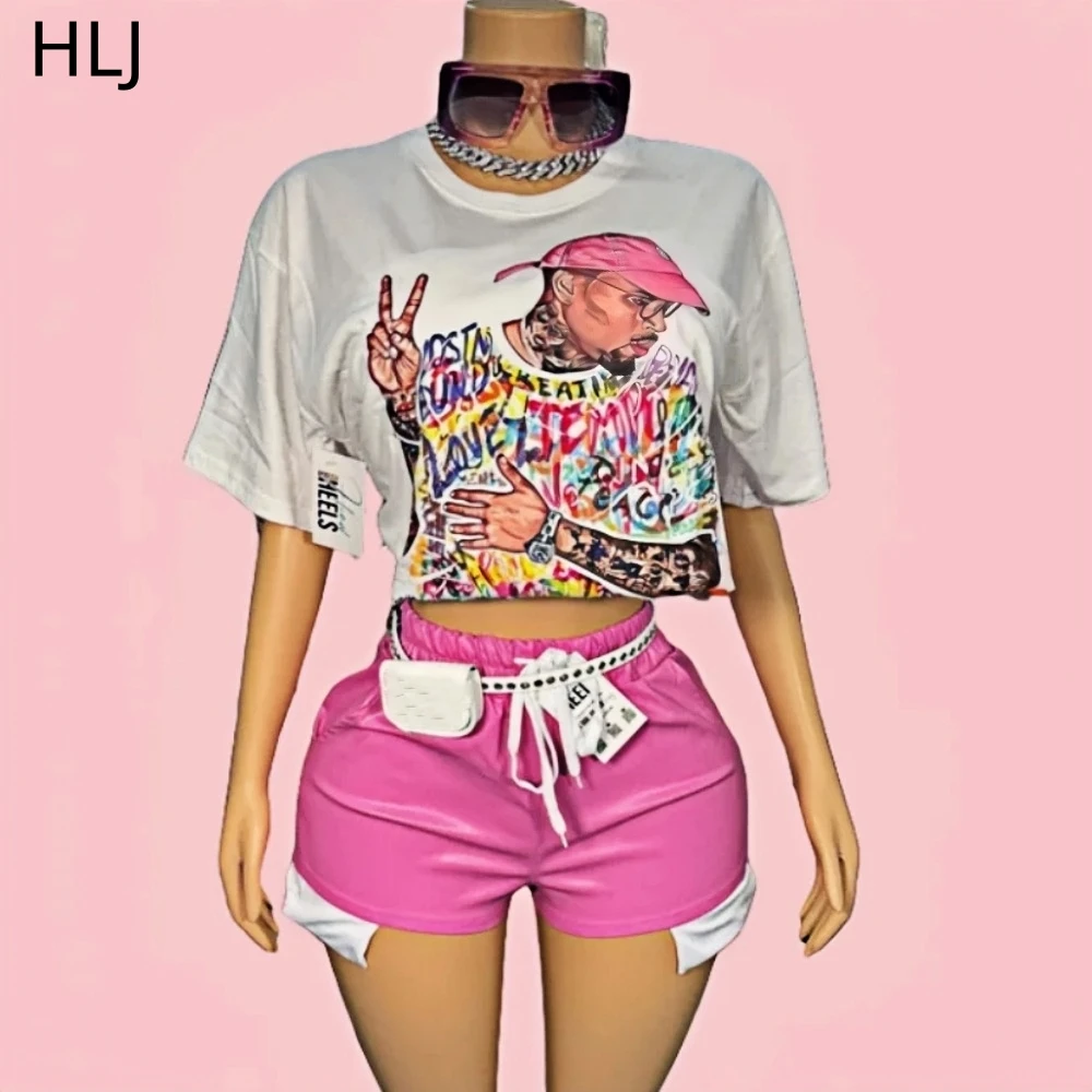 

HLJ&GG Y2K Retro Avatar Pattern Printing Two Piece Sets Women O Neck Loose Tshirts+Drawstring Leather Shorts Outfits Streetwear