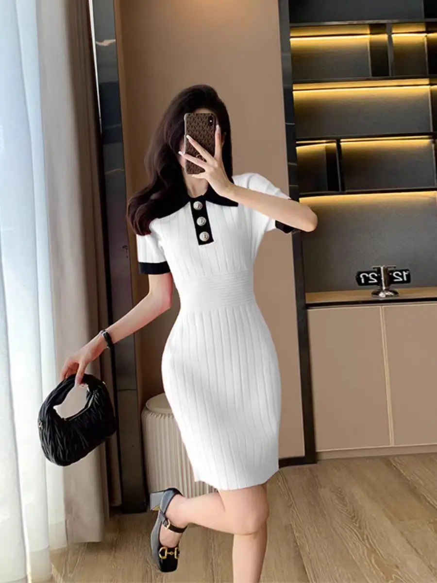 

Summer New High-Quality Fashionable Temperament Commuting Socialite Button Short Sleeved Lapel Slim Fit Short Knitted Dress