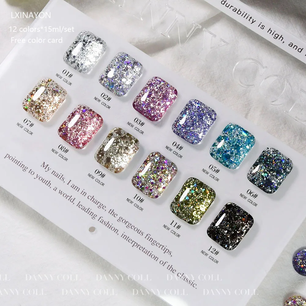 12pcs Glitter Sequin Gel Nail Polish With Sample Flash UV LED Soak Off Gel Nail Art Gel Varnish Magnetic UV Soak Off Gel Lacquer