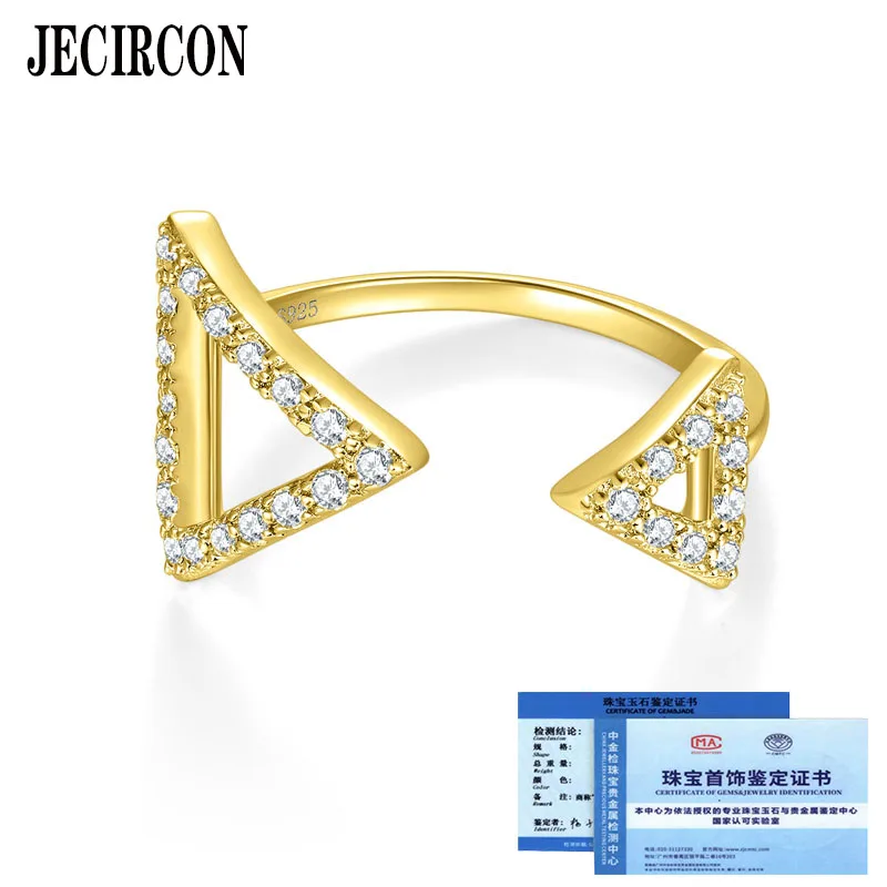 

JECIRCON Full D Color Moissanite Row Ring INS Triangular Asymmetric Design 925 Sterling Silver Plated 18K Gold Ladies Open Ring