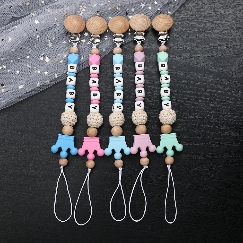 Custom Personalized Name Baby Pacifier Clip Wood Soother Chew Teether Toys Dummy Safe Crown Silicone Teether Pacifier Chain Gift