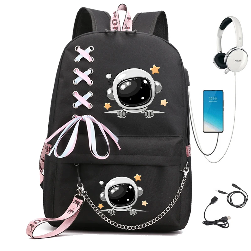 Meisjes Rugzak Schattige Cartoon Astronaut Print Schooltassen Voor Student Tieners Meisjes Vrouwen Laptop Rugzak Usb Opladen Tieners Bagpack