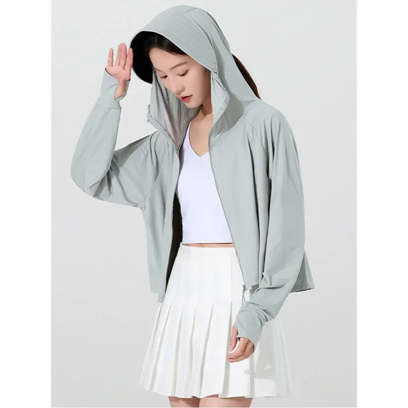 Summer UPF50 + Women Sunscreen Hoodie Long-sleeved Solid Color and Thin Jacket Breathable UV Protection Coat Ice Silk Clothing