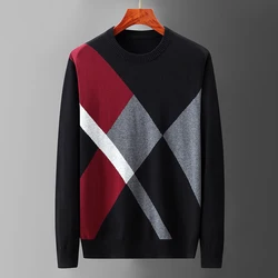 Suéter a cuadros de algodón 100% para hombre, ropa fina de Corea, jerséis de punto de Navidad, Tops de otoño y primavera, suéter a rayas grises y negras