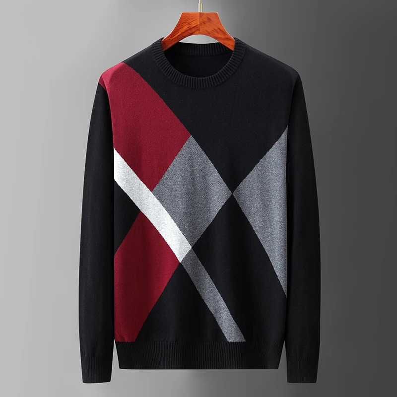 100% Cotton Plaid Sweater Male Thin Korea Clothing Christmas Knitted Pullovers Autumn Spring Tops Grey Black Striped Sweater