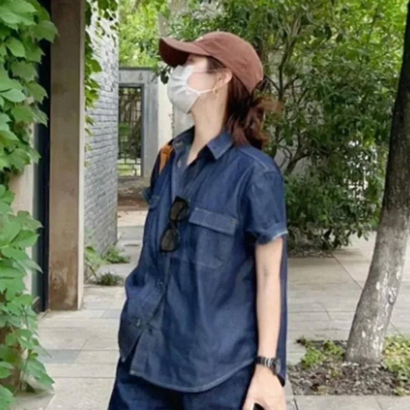Hong Kong Style Retro Casual Denim Suit Women's Summer New Niche Loose and Thin Design Short-sleeved Shirt Shorts [Hot-selling ]