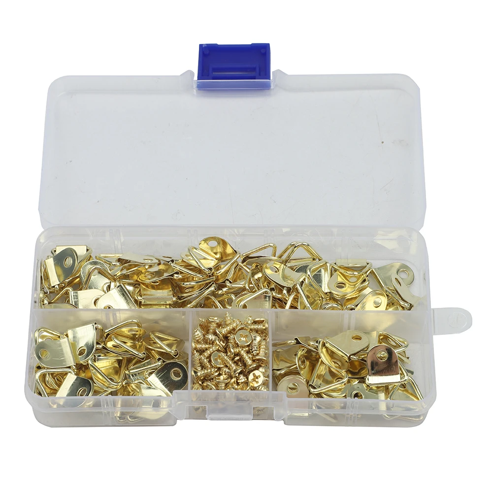 100Pcs Metal Triangle D-Ring Picture Frame Hooks with Screws for Hanging Photos Paintings Posters Mirrors Wall Decorations Gold