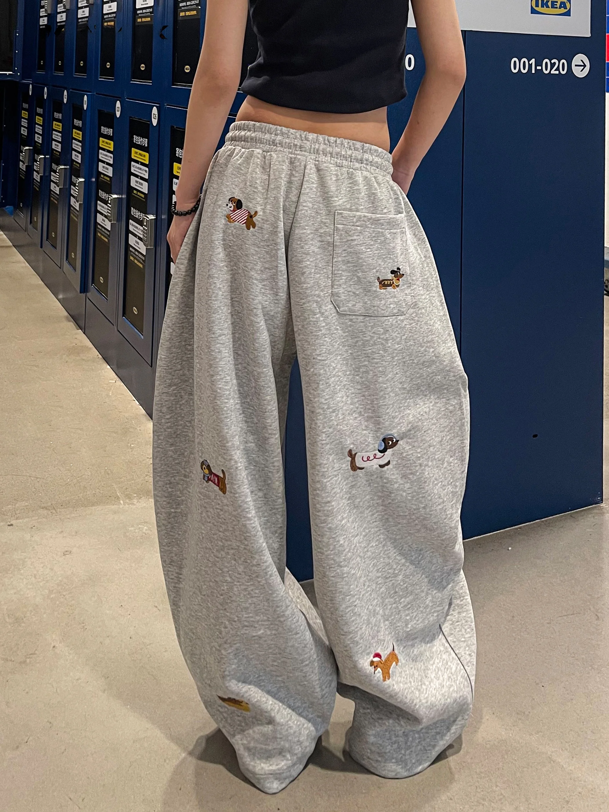 American Street Style Sausage Dog Embroidery Drapey Wide Leg Sweatpants Men's Women's Retro Pleated Slimming Casual Pants