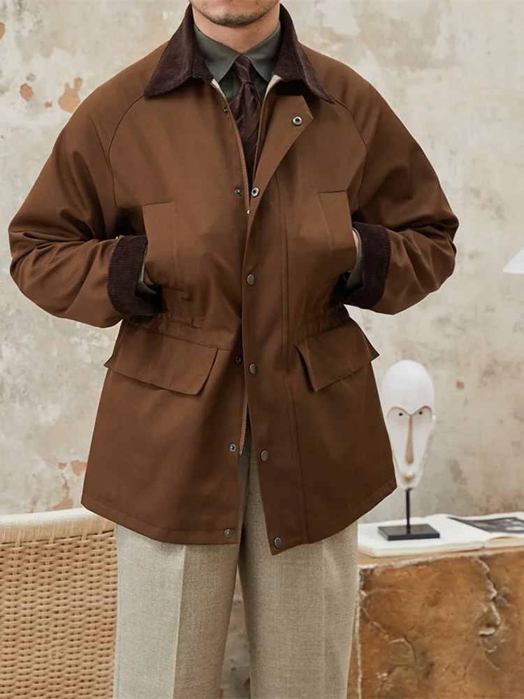 Tuan. Jaket Windbreaker Tahan Air Retro Khaki Deer Tee untuk Musim Gugur dan Musim Dingin, Kerah Korduroi Kasual Pria, Ele Sle Faionable...