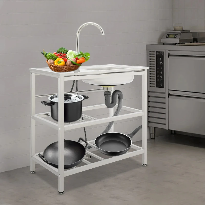 Outdoor Stainless Steel Sink Freestanding Portable Kitchen Sink with Faucet and Storage Rack for Backyard Balcony Camping RV