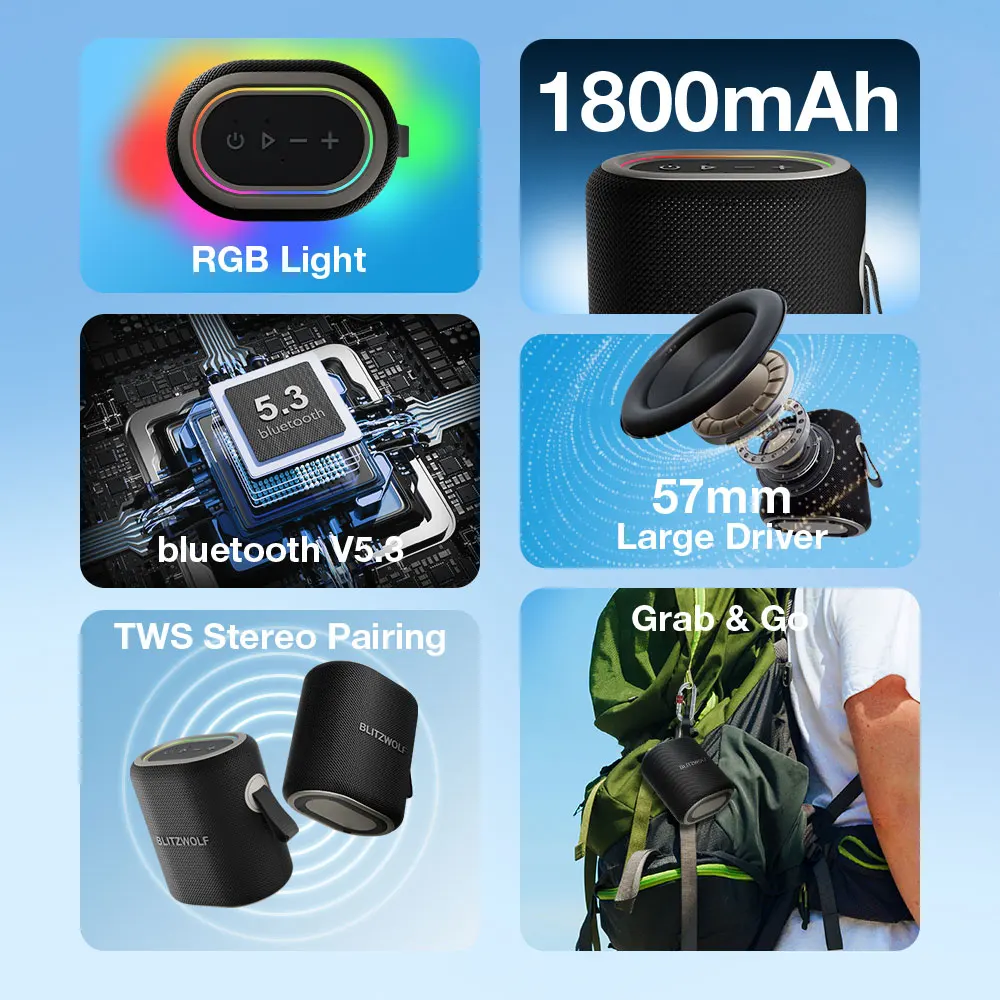 BlitzWolf BW-WA8 Portable bluetooth Speaker Wireless Speaker 57mm Large Driver Support TWS Stereo Pairing RGB Light TF Card AUX