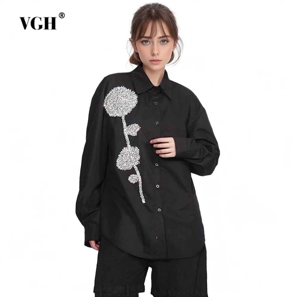 

VGH Solid Patchwork Diamonds Casual Loose Shirt For Women Lapel Long Sleeve Spliced Single Breasted Minimalist Blouse Female New