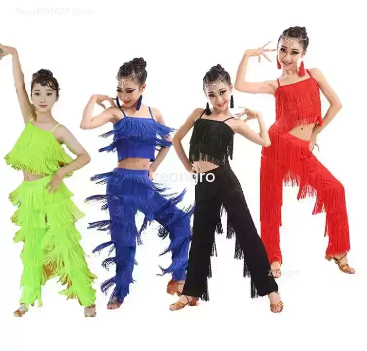 Kids Latin Dance Costumes Ballroom Plus Size Fringe Tassel Dress Pants Girls Sequin Salsa Samba Children Stage Outfits Costume