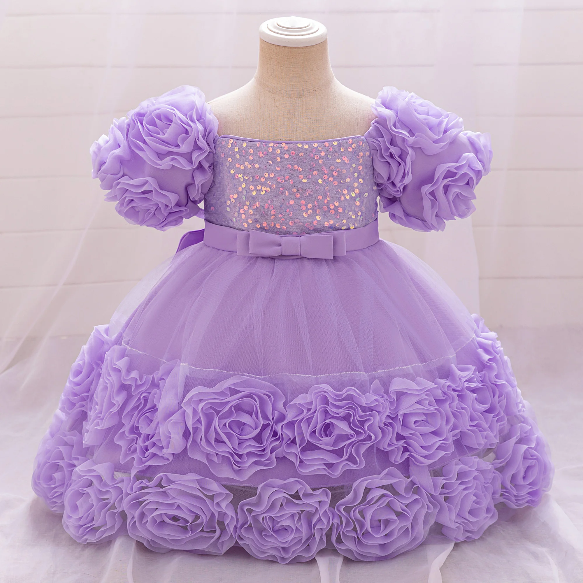 Baby Girl Sequin Flower Dresses Christmas Wedding Lace 1st Birthday Party Dress for Kids Toddler Children Formal Evening Costume