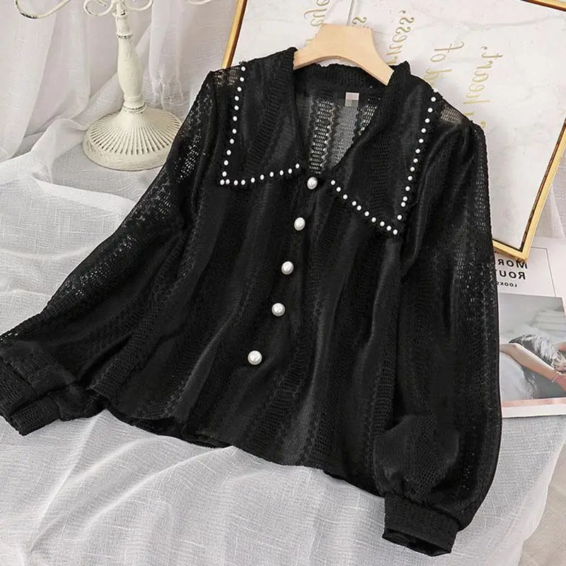 Peter Pan Collar Shirts Women Long Sleeve Solid Casual Tops Spring Clothes Elegant Trendy Leisure Retro Vintage Camisas Mujer