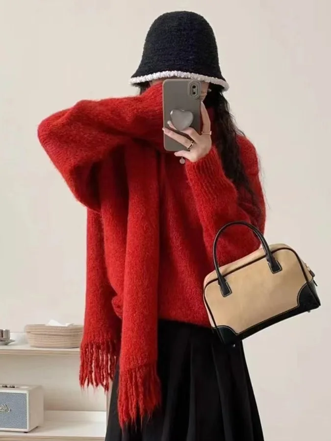 سترة نسائية محبوكة فضفاضة طويلة من Sve سترة تريكو كورية مستديرة Ne باللون الأحمر مع وشاح كسول Sle شتوي Aosphere Faion