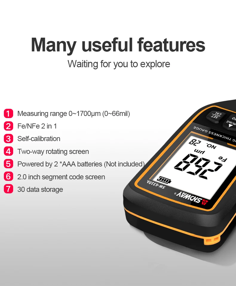 SNDWAY SW-6310A/B Coating Thickness Meter Gauge 1700um Car Paint Film Tester Ceramic Metal Coating Automotive Paint Micrometer view 4