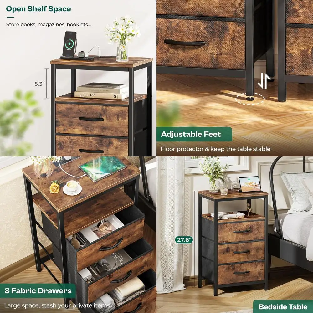 

Прикроватная тумбочка Rustic Brown 27.6 с зарядной станцией, тканевыми ящиками и портами USB/розетками
