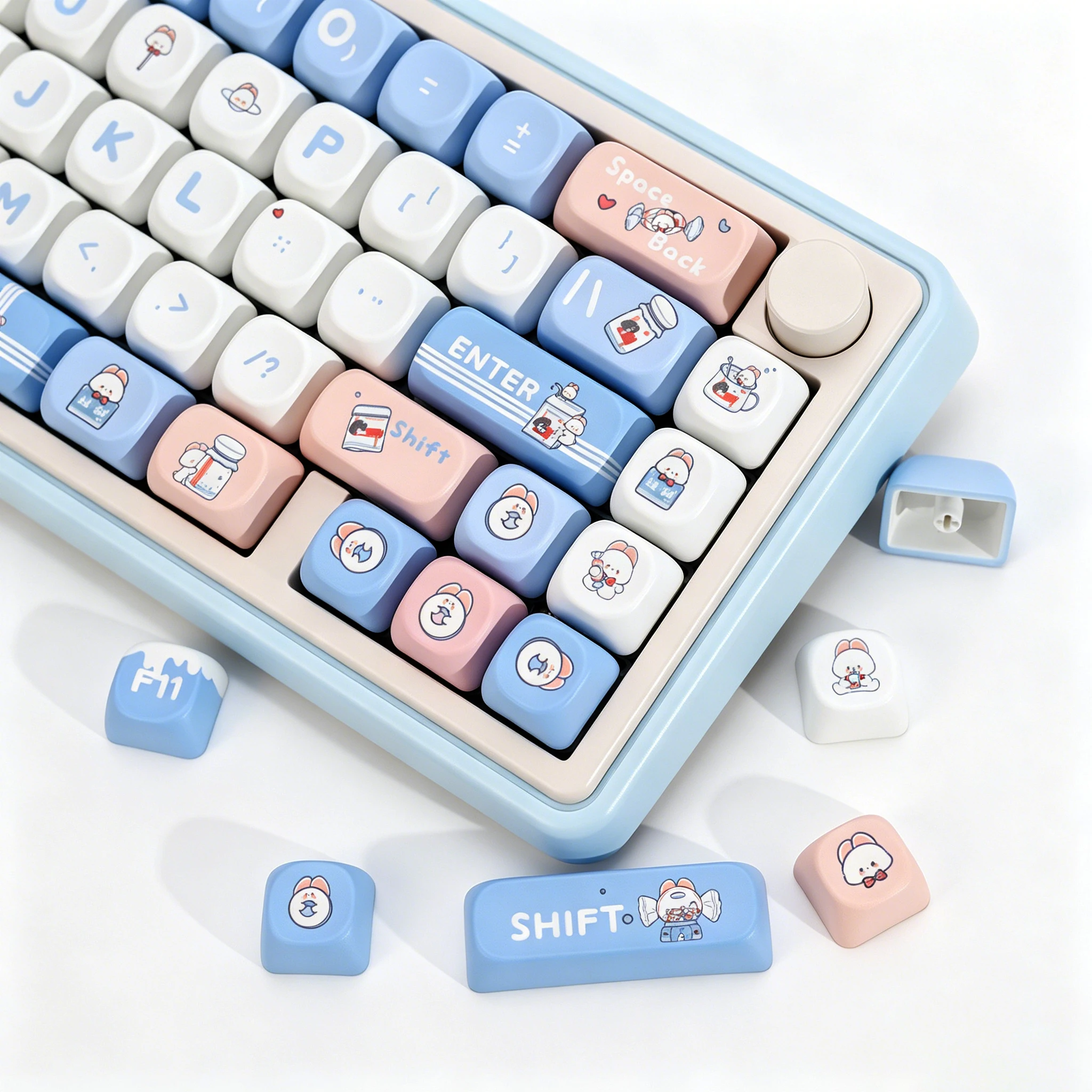 KBDiy Cute Anime Keycaps Toffee Rabbit Theme KOA MOA Profile PBT Keycap ISO MAC Custom For 75% Alice Gaming Mechanical Keyboard