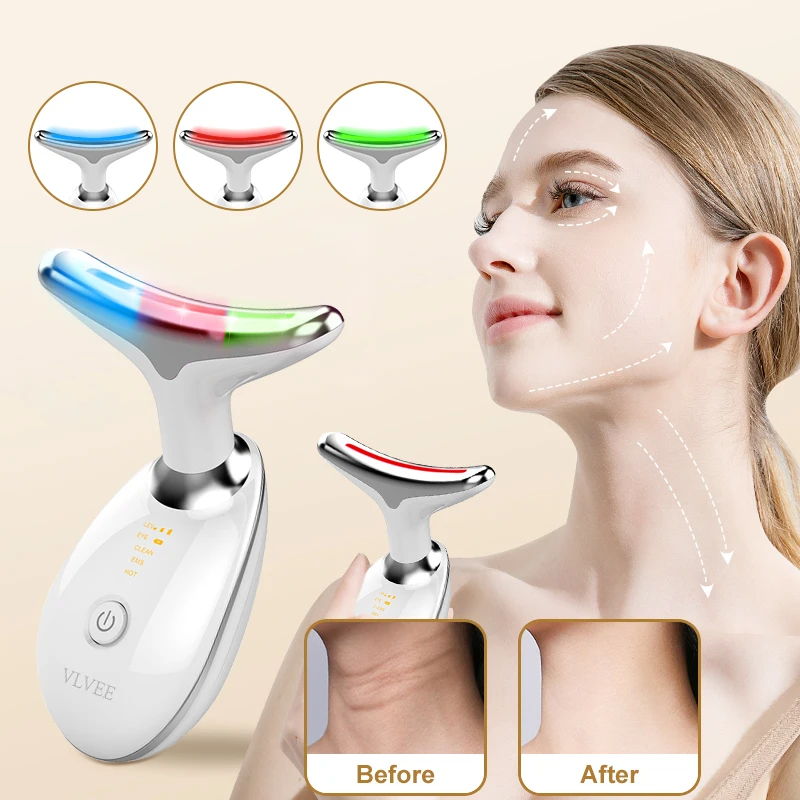 VLVEE EMS Neck Face Beauty Device 3 Colors Light Heat Vibration Massage Lift and Tighten The Face Reduce Cheek Wrinkles SkinCare