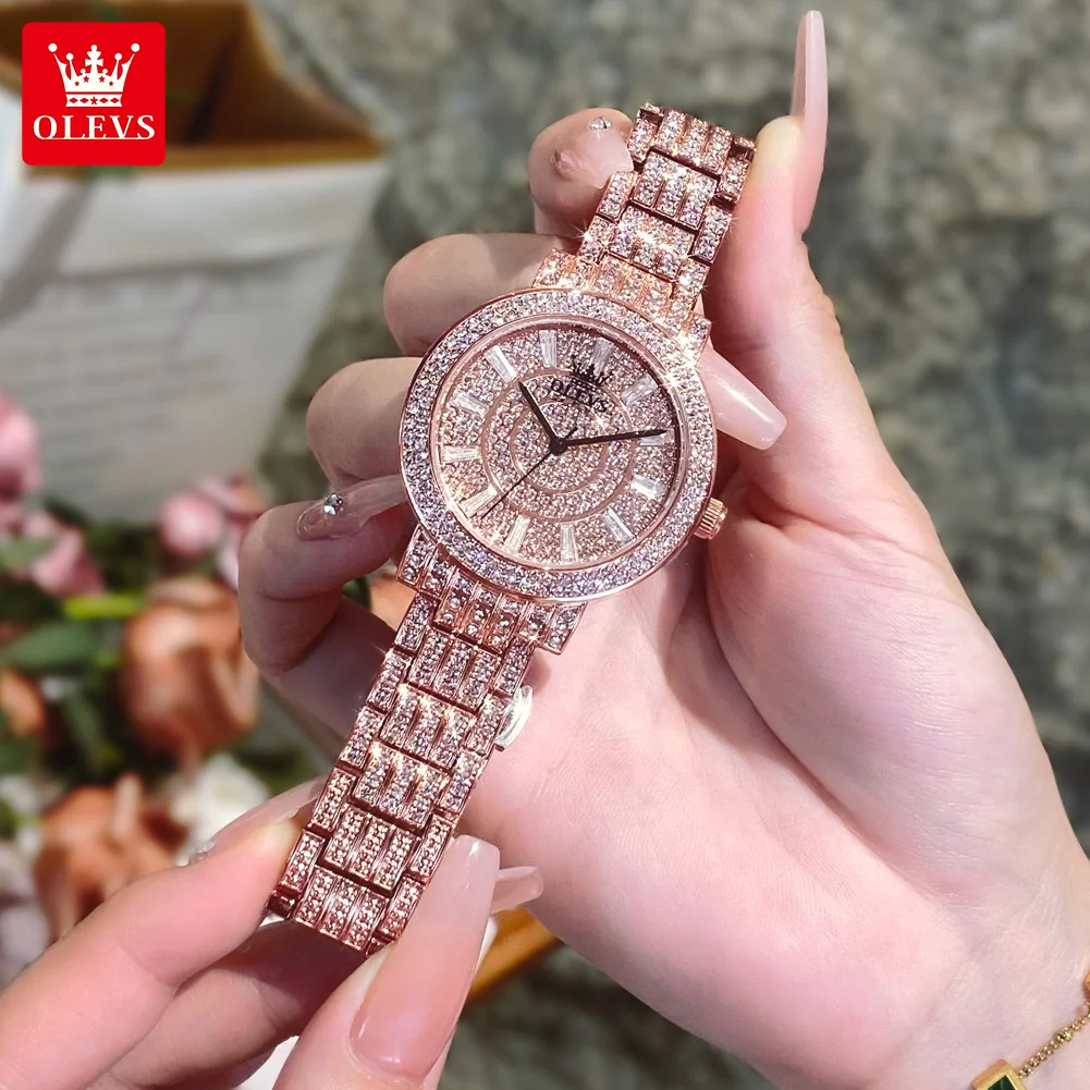 

OLEVS Brand Luxury Full Diamond Jewelry Quartz Watch Women Stainless Steel Rose Gold Bracelet Women's Watches Relogio Feminino
