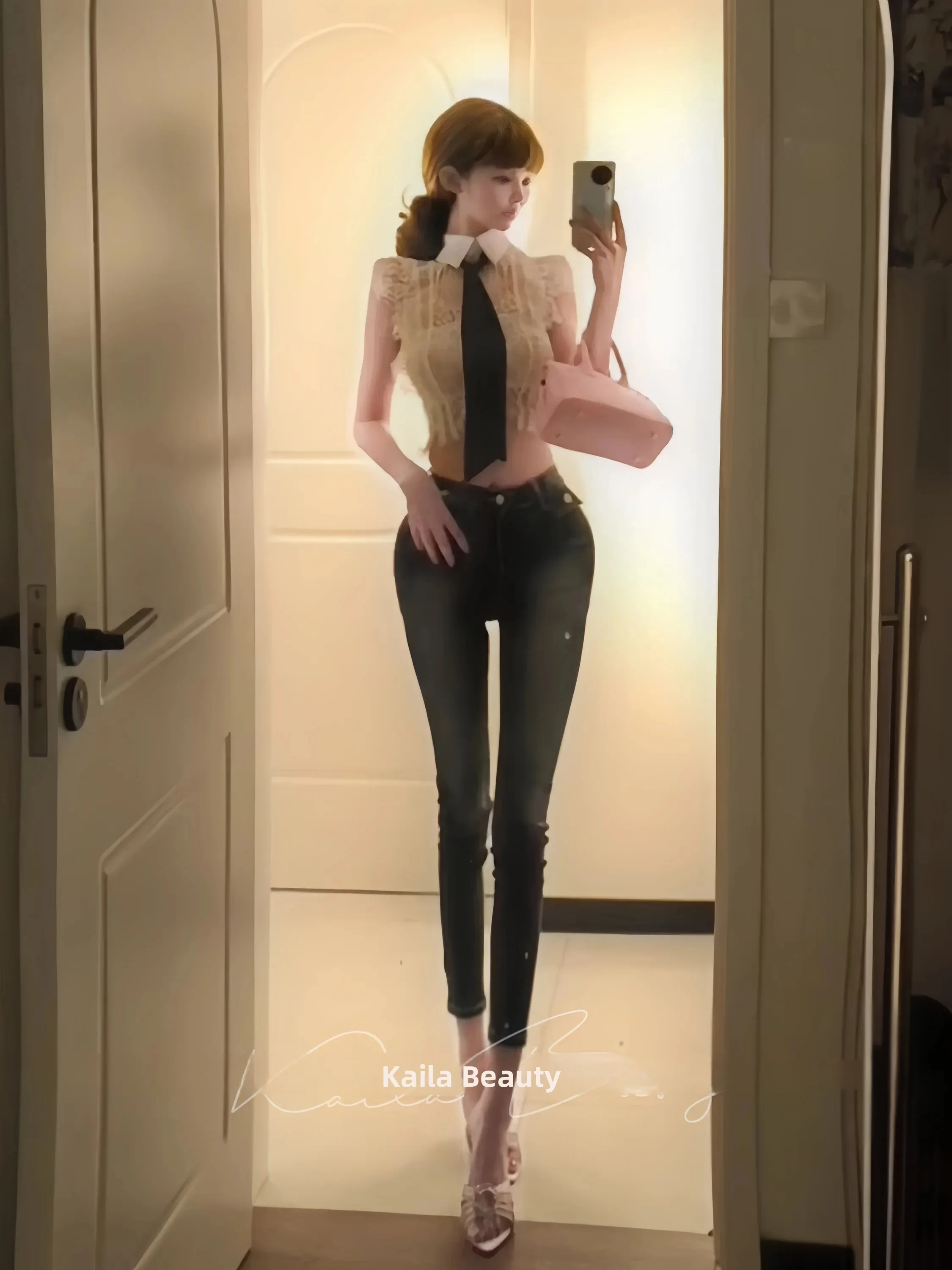 

Slim Fit High Waist Nine-Tenths Jeans Women's Style Favored Hollow out Washed Blue Jeans Ladies Fashion Small Leggings