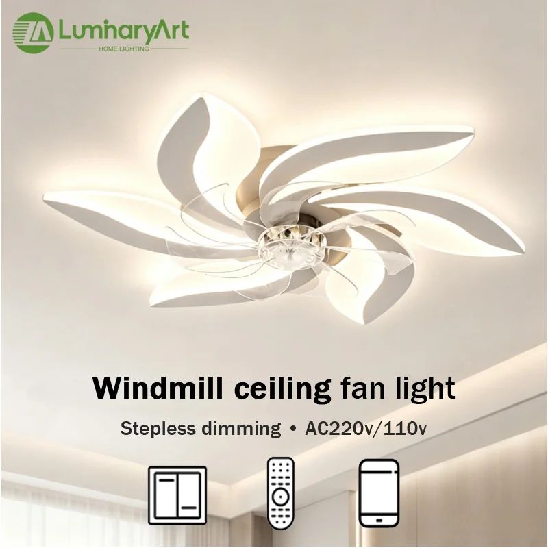 Windmill Shape LED Ceiling Fan with Lights Dimmable Timing 6 Gear Remote APP Control Modern Ceiling Lamp for Bedroom Living Room