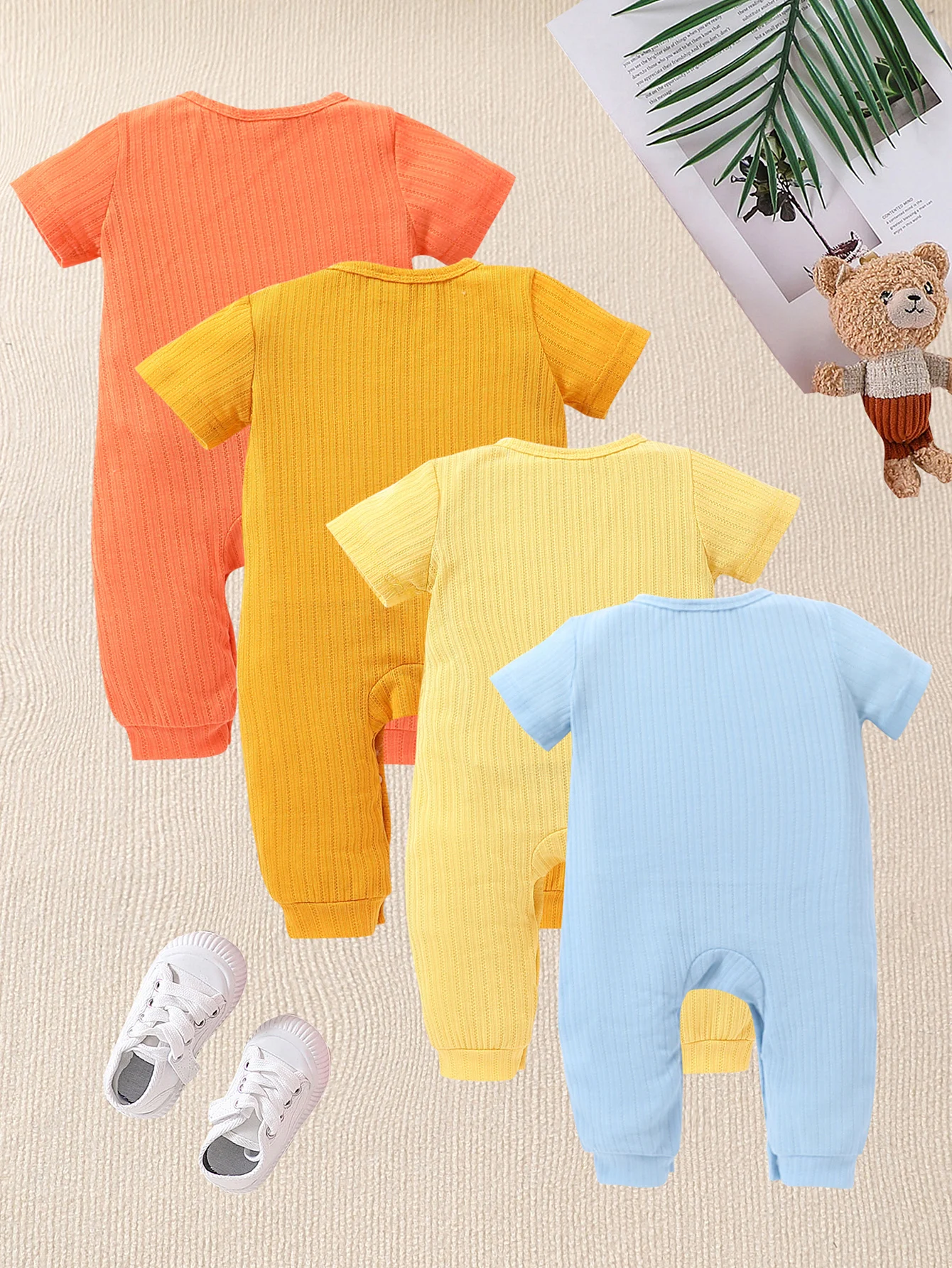 Spring Summer Baby Girls 0-12M Clothing 4Pcs/Set (Random Color) Solid Color Ribbed Short Sleeve Romper  Newborn Infan