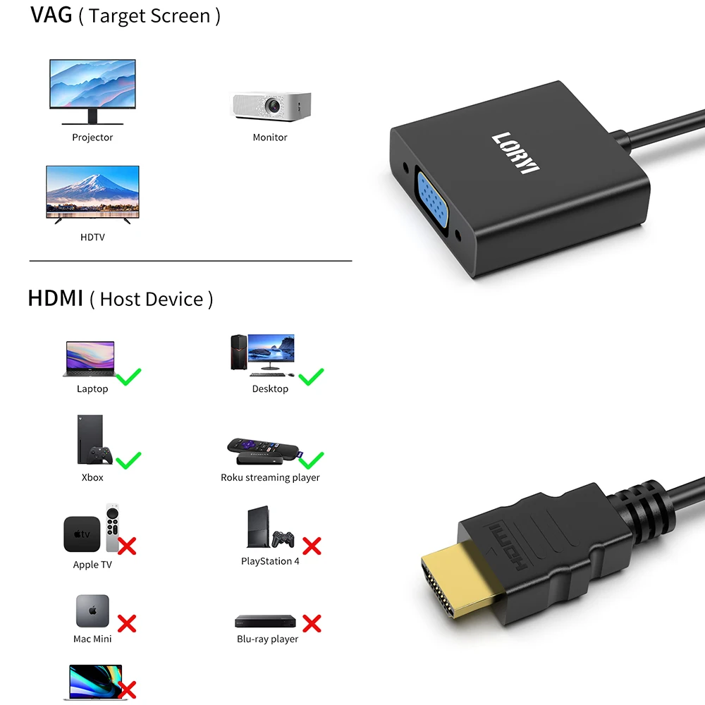 LORYI HDMI to VGA Cable 1080P 60Hz Gold-Plated HDMI to VGA Adapter (Male to Female) For Computer Desktop Laptop PC Monitor Xbox