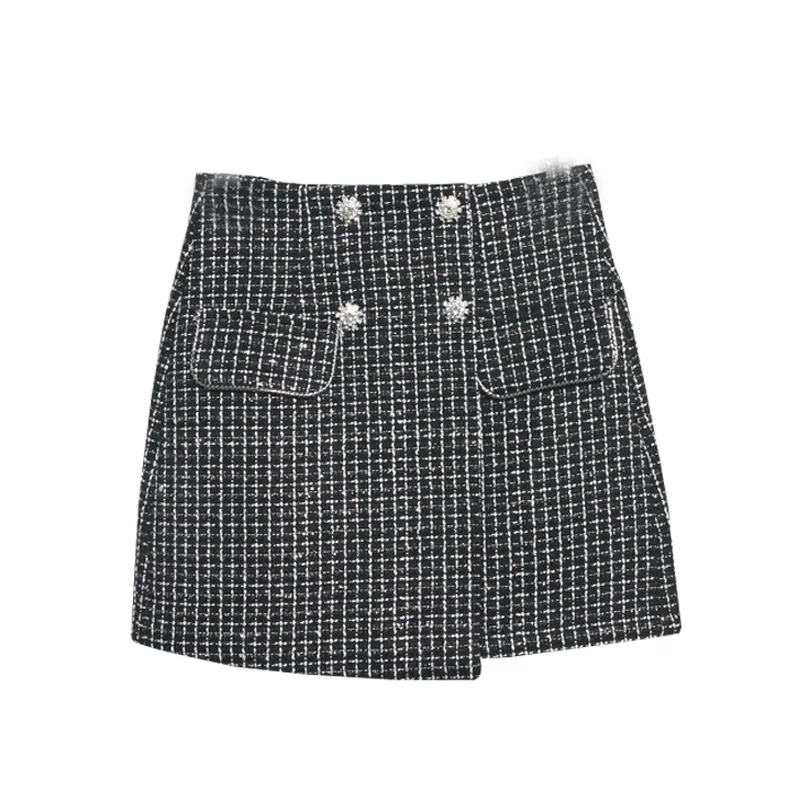 Women's autumn/winter plaid tweed skirt 2024 new small fragrant style high waisted double breasted A-line short skirt