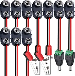 DAIERBUMP 10PCS 9V Battery Connector 9 Volt Battery Snap Clip I Type with 2 Pair of Alligator Clip And 2.1mmX5.5mm DC Male Power