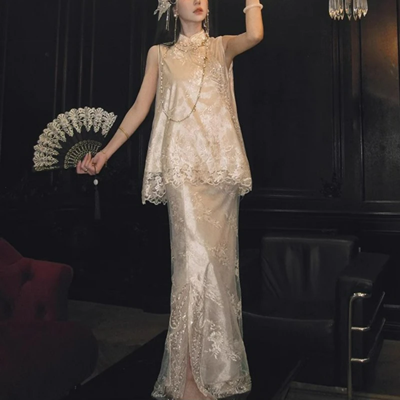 

2026 Summer Fashion New Chinese-style Heavy Industry Lace Beaded Embroidered Slanted Waistcoat Fishtail Skirt Suit for Women