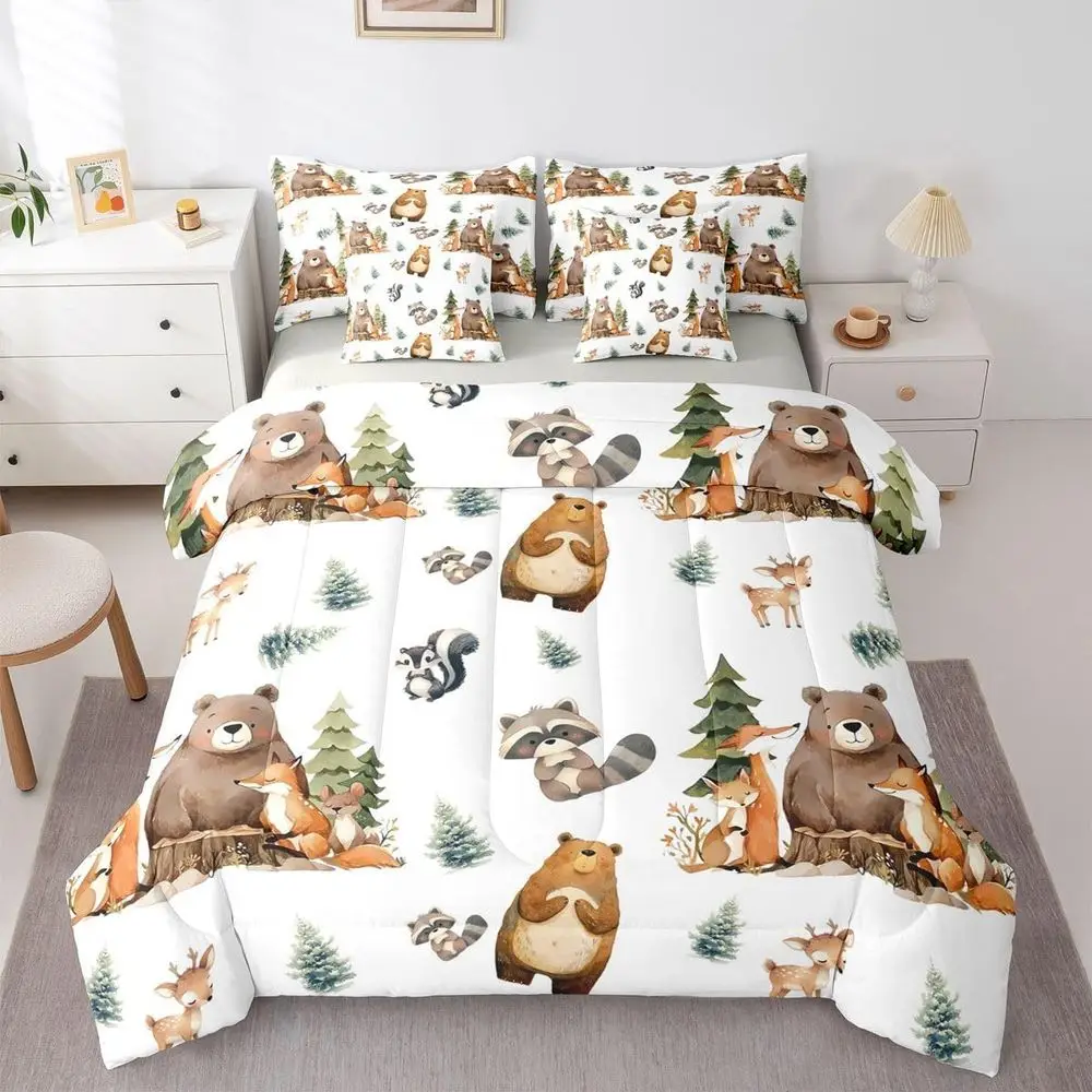 

Queen Size Cartoon Animal Themed Bedding Set with Comforter, Sheet for Kids - Jungle Wildlife Design