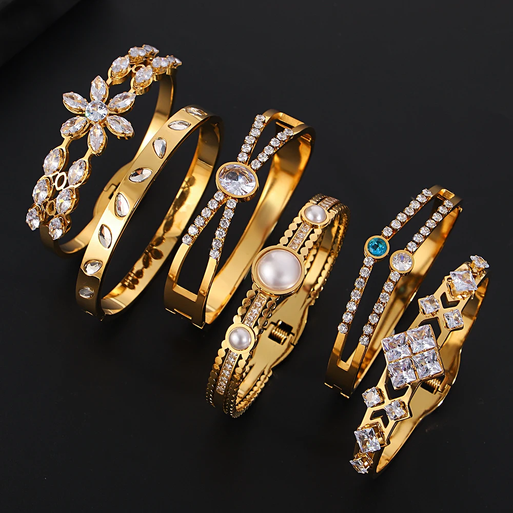 Greatera الفولاذ المقاوم للصدأ حجر الراين سوار الأزياء الأرقام الرومانية تصميم المعين زهرة الحفر القلب نمط المرأة الإسورة #5