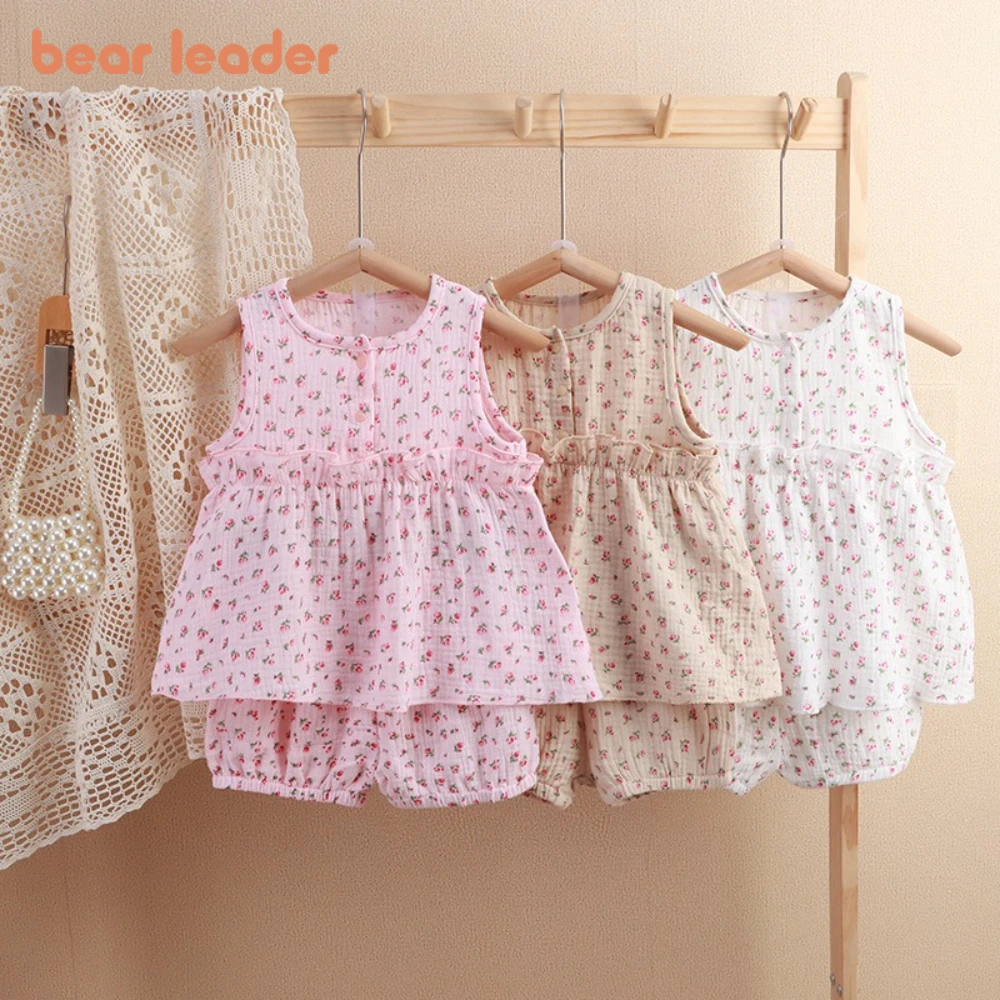

Bear Leader Summer New Girls' Suit Round Neck Sleeveless Printed Button Vest Top+Shorts 2-piece Set Pajamas Kids Casual Clothes