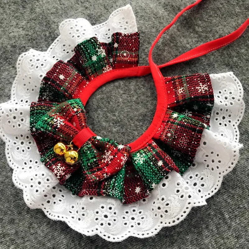 Christmas Pet Bow Bib Collar Scarf Plaid Bow Lace Saliva Towel with Bell Pendant for Dog Cat Collar Necklace Grooming Accessory