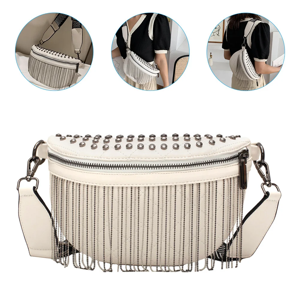 

Crossbody Waist Bag For Women Pu Rivet Tassel Design Large Capacity Phone Pouch Chest Storage Bag Fashion Tote Travel