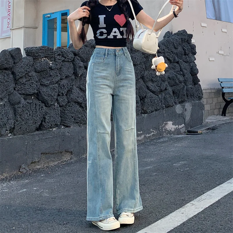 

Light Blue High Waist Denim Jeans Women Straight Leg Pants Retro Vintage Long Trousers