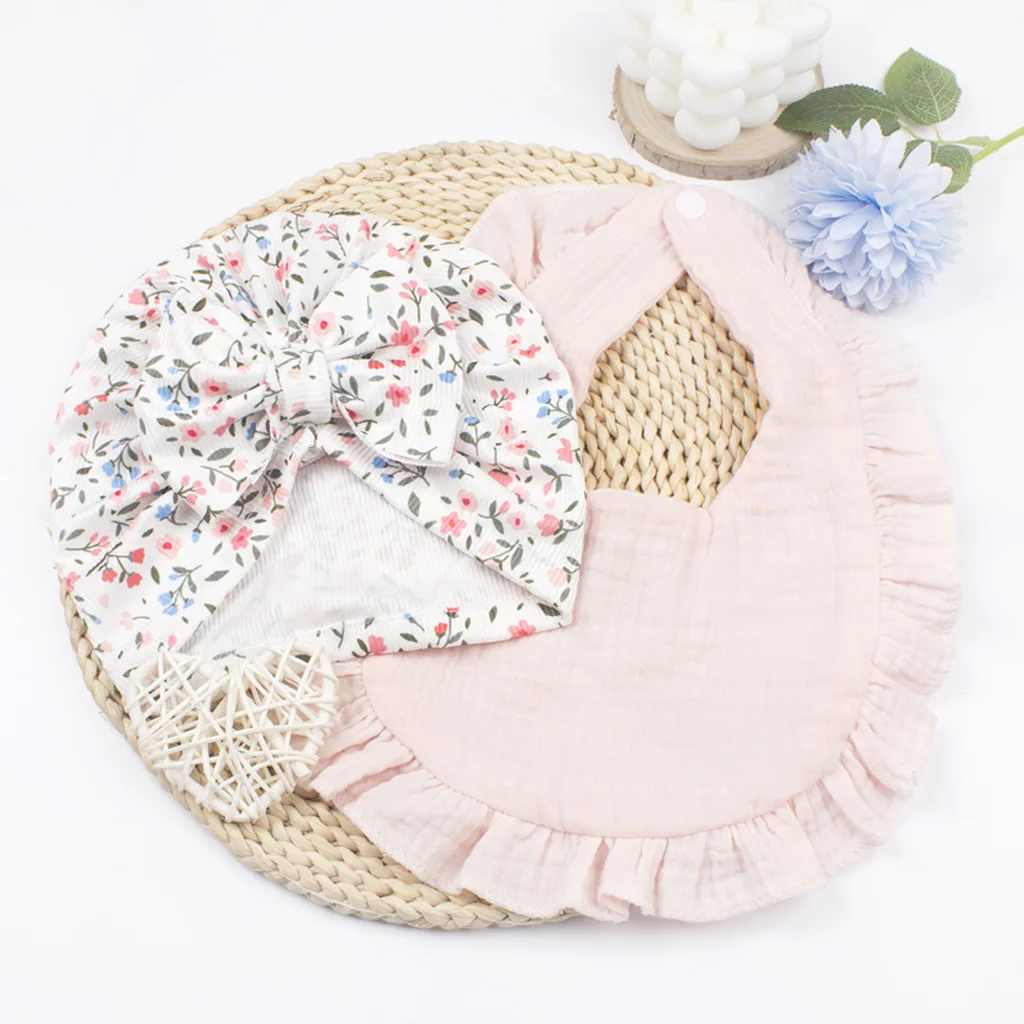 Ins New 2pcs Set Floral Bowknot Beanie Hat and Bib Set Baby Gauze Cotton Ruffled Bib Kids Saliva Towel Accessories Newborn