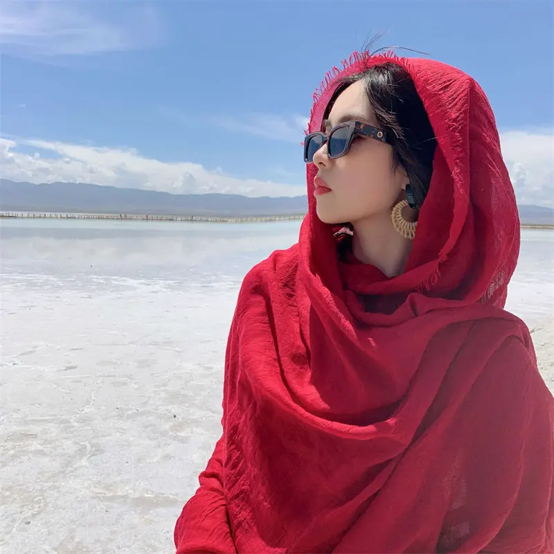 Burgundy Headscarf for Women, Summer Desert Travel Shawl, Scarf for Northwest Chaka Salt Lake, Thin Cotton-Linen Gauze Scarf [Frayed Edge - Burgundy/Off-White 190Cm*140Cm]