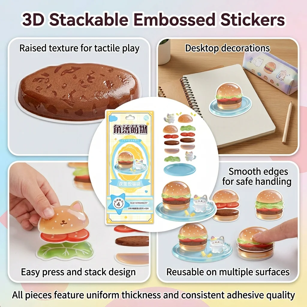 PVC 3D Embossed Sticker Set for Kids DIY Educational Craft Decor Stress Relief Toy for School Notebook Wall Decoration