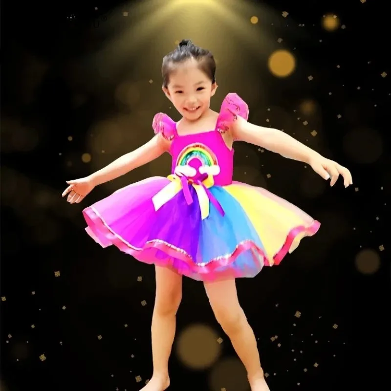 New Children's and Preschool Girls' Program Performance Competition Colorful Yarn Rainbow Yarn Skirt Stage Performance Dress