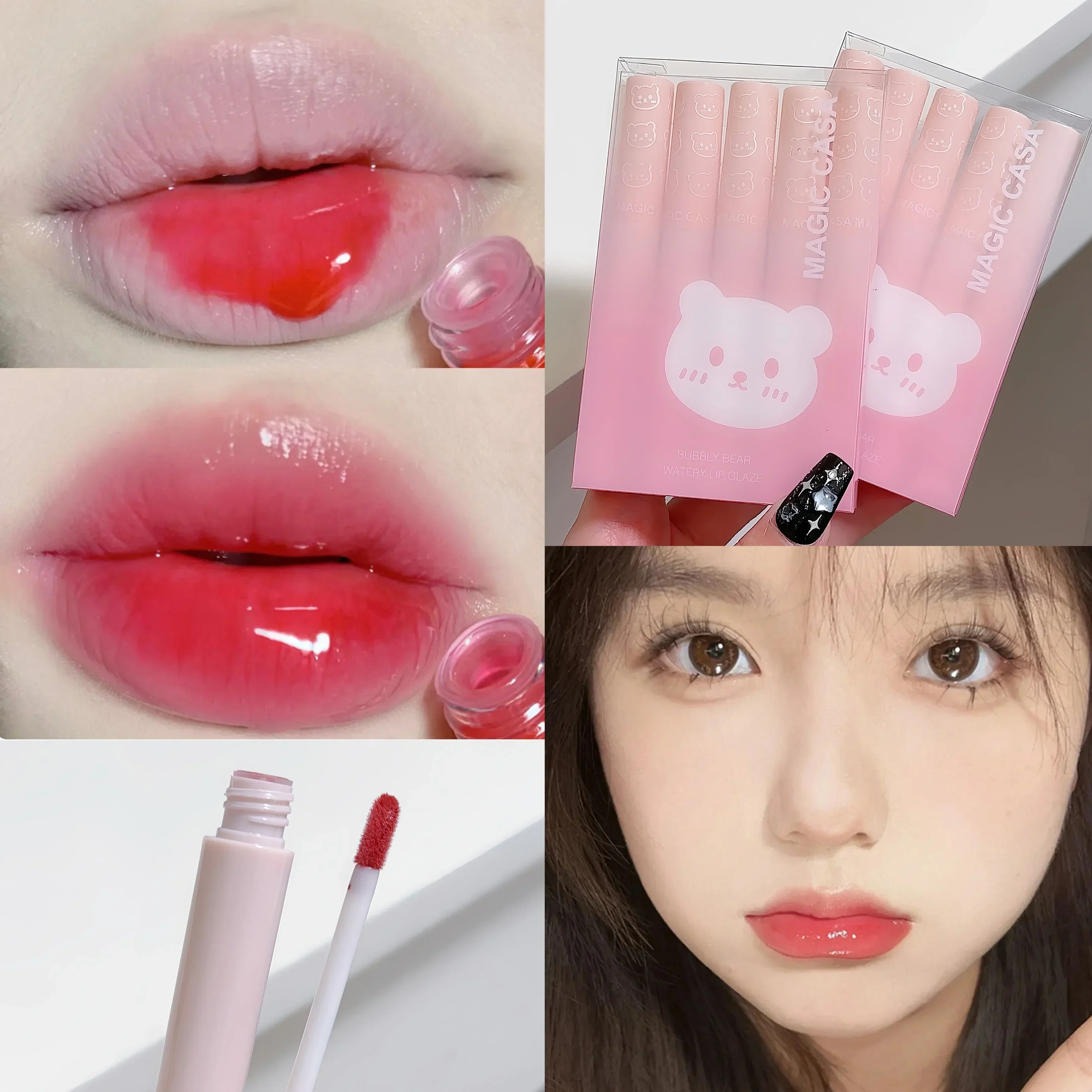 5pcs Clear Water Light Lip Gloss Jelly Pink Lip Tint Mirror Glass Lip Glaze Lasting Moisturising Lipstick Lips Makeup Cosmetic