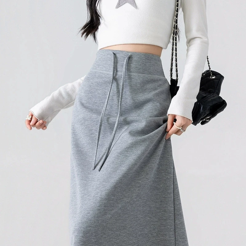 Drawstring High Waist A-line Skirts Female Autumn Casual Simple Split Long Skirt for Woman Chic Streetwear Versatile Midi Skirts